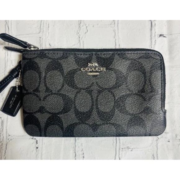 Coach Handbags - COACH Signature Double Corner Zip Wristlet Wallet Black Smoke PVC